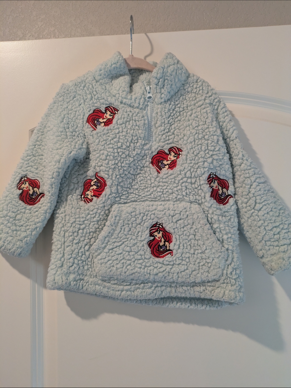 Disney Light Blue Sherpa Hoodie with Red Mermaid Patches - Kids